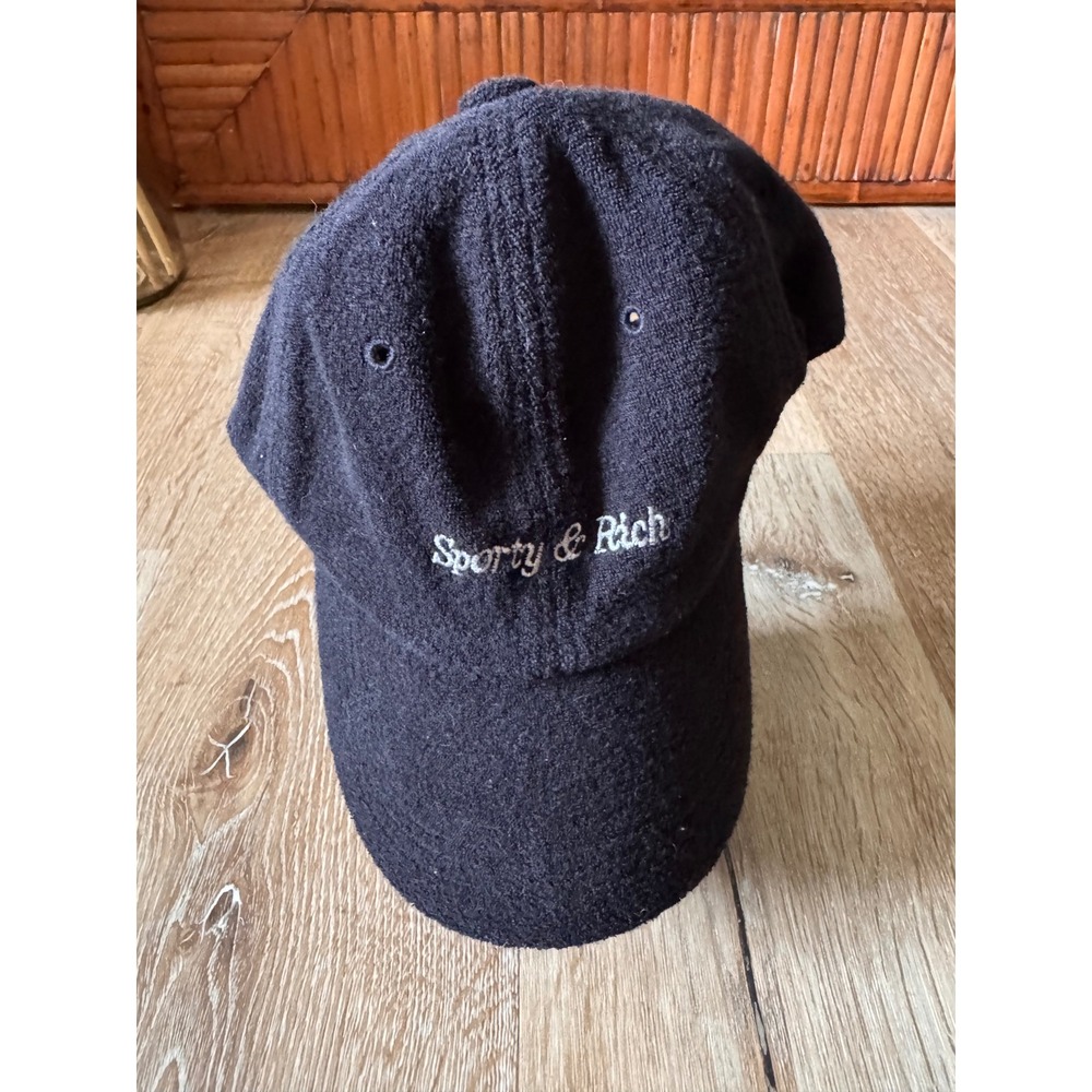 Sporty & Rich Black Terry Cloth‎ Baseball Cap Logo Embroidered Adjustable Hat